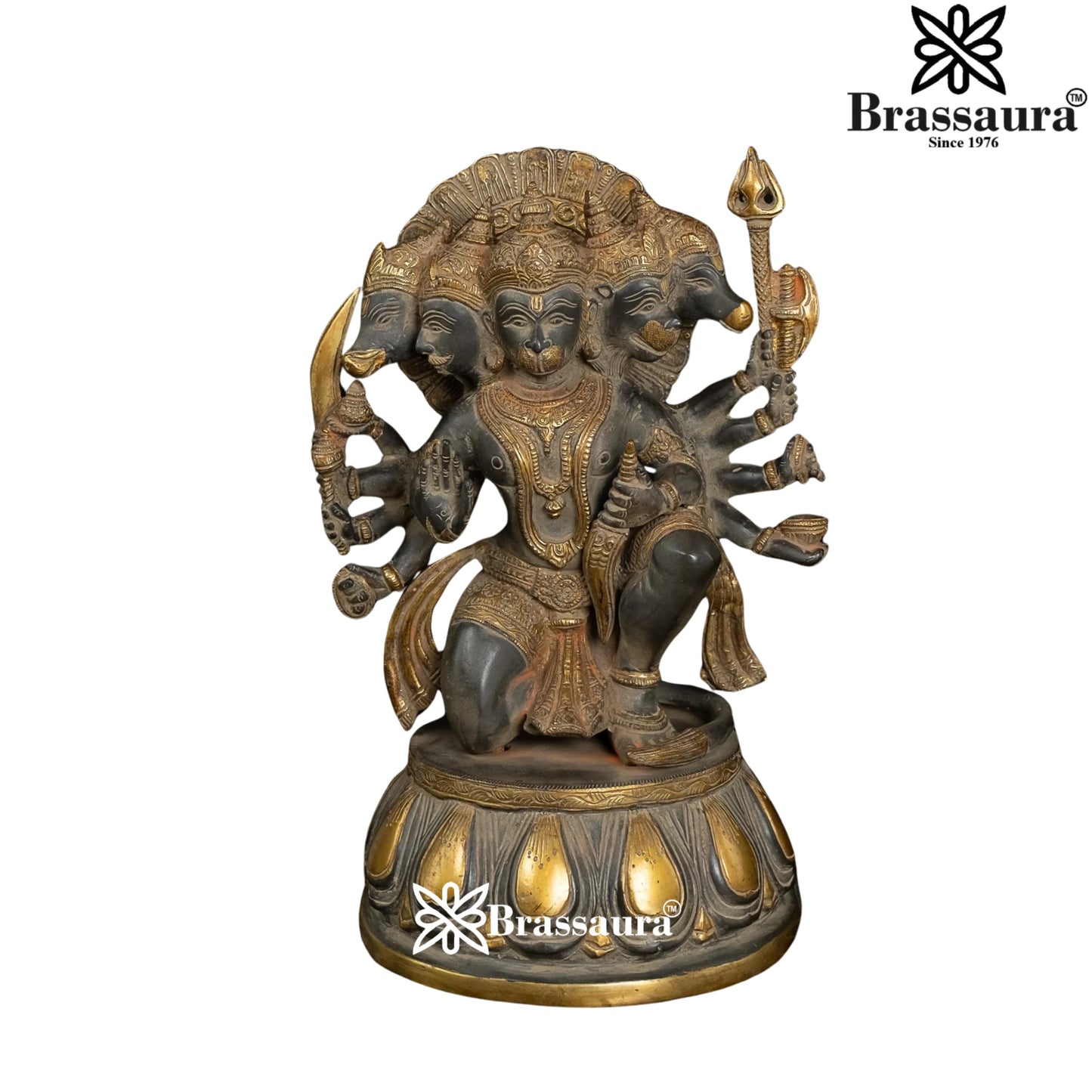 Brassaura™ Brass Panchmukhi Hanuman Statue, Height 13.5 Inches & Weight 8.2 Kgs | Classic Home & Temple Décor