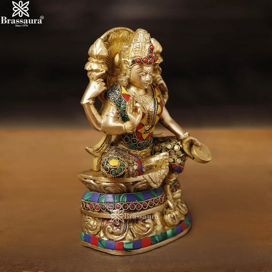 Brassaura™ Devotional Brass Gem Stone Work Laxmi Idol – Height 8 Inches & Weight 2.23 Kgs | Spiritual Home Idol