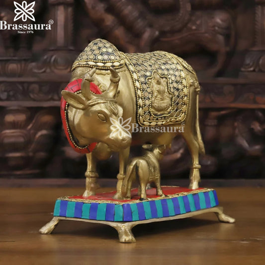 Brass Gem Stone Work Kamadhenu Cow Statue Weight 3.28 Kg And Height 7 Inch
