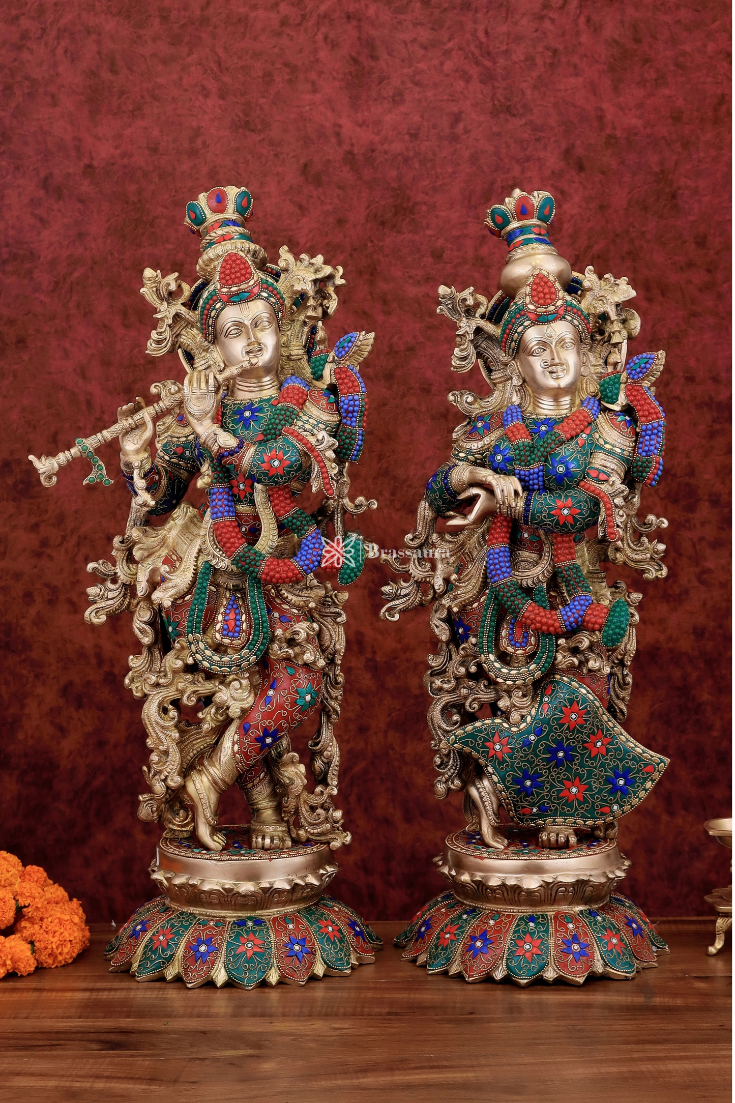 Brassaura™ Pure Brass Radha Krishna Statue with Triple-Layered Meenakari – Height 27 Inches & Weight 40 Kgs | Majestic Devotional Idol