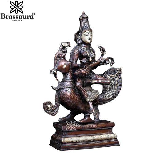 Brassaura™ Brass Saraswati Mata Murti – Height 19 Inches & Weight 15 Kgs | Puja & Worship Idol