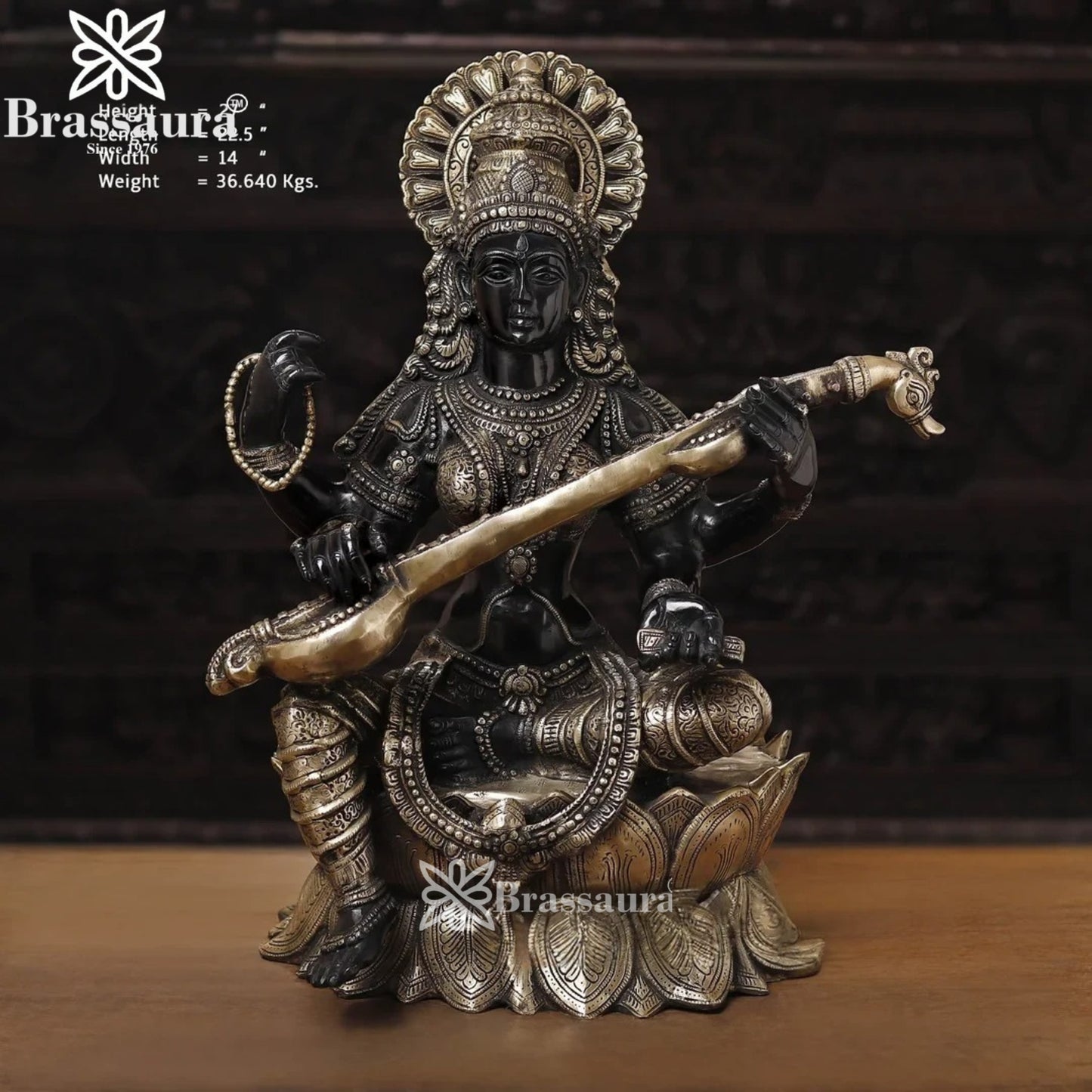 Brassaura™ Brass Saraswati Idol – Height 27 Inches & Weight 36.64 Kgs | Hindu Goddess Statue