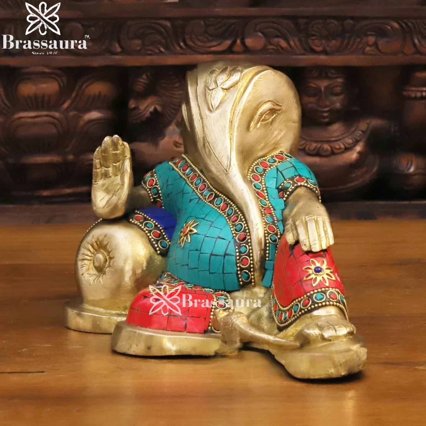 Brass Gem Stone Work Relaxing Ganesha Weight 3.3 Kg & Height 5.5 Inch