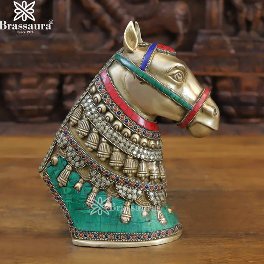 Brass Gem Stone Work Horse Head Statue Weight 3.84 Kg And Height 11 Inch