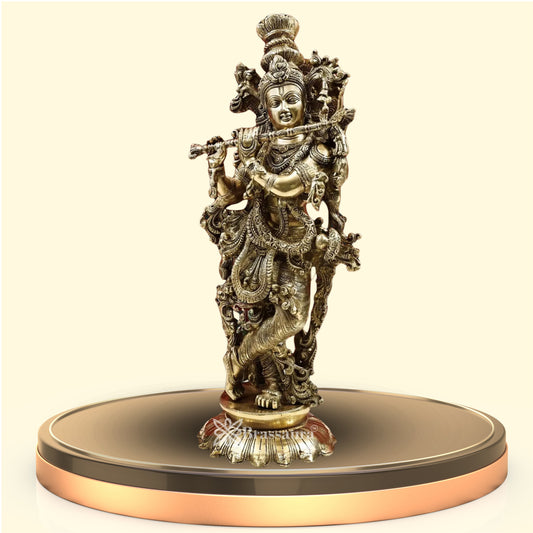 Brassaura® Superfine Brass Lord Krishna Idol Playing Flute | Handcrafted Brass Krishna Statue for Home Temple, Luxury Décor & Spiritual Spaces | Height 27 Inches | Weight 14.8 Kg