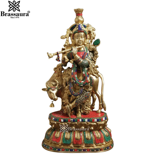Brass Gem Stone Work Cow Krishna Murti Weight 16.5 Kg And Height 21 Inch