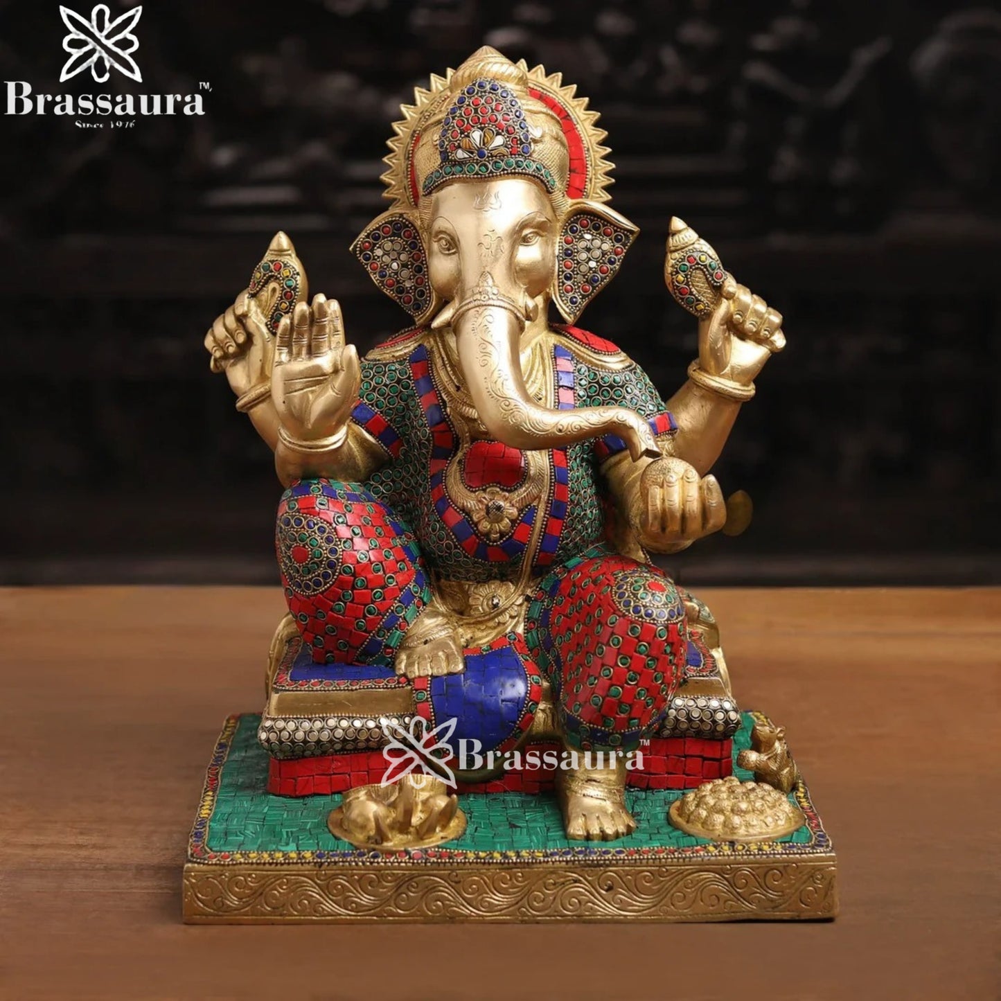 Brass Gem Stone Work Fruit Ganesha Weight 18.4 Kg & Height 16 Inch