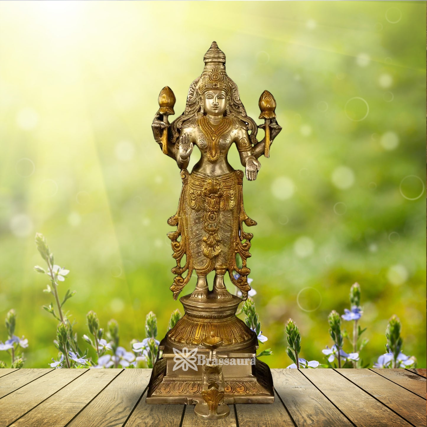 Brassaura™ Classic Brass Laxmi Statue – Height 14.5 Inches & Weight 4.4 Kgs | Puja Room Idol