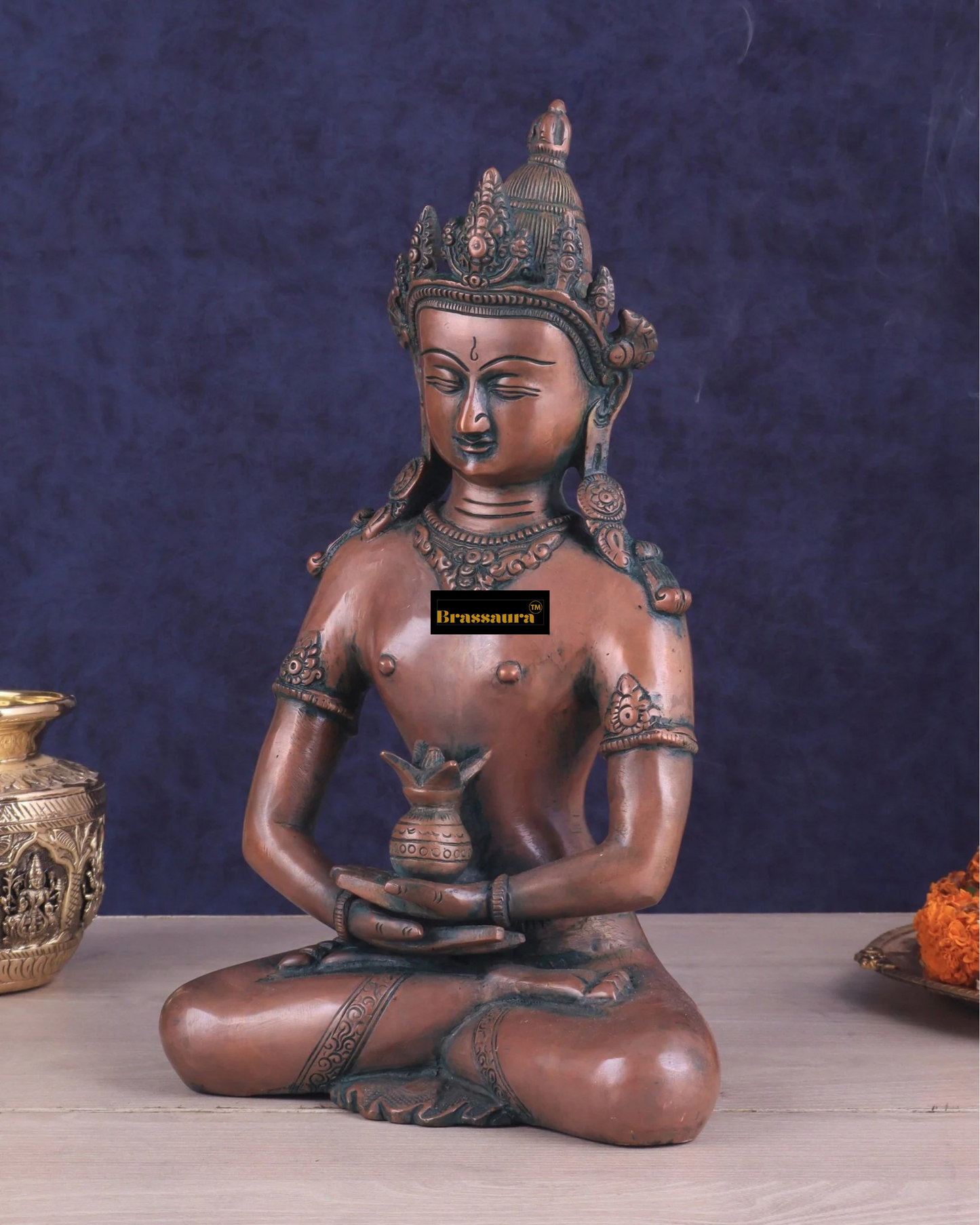 Brassaura™ Pure Brass Meditating Crowned Buddha Idol – Height 13 Inches, Weight 5.16 Kgs