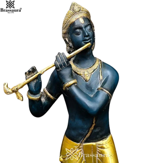 Brassaura® Krishna Playing Flute Idol with Blue & Gold Finish | Pure Superfine Brass Handcrafted Murti | Brass Statue for Home Temple, Pooja Room | Height 28.3 Inches | Weight 14.6 Kgs