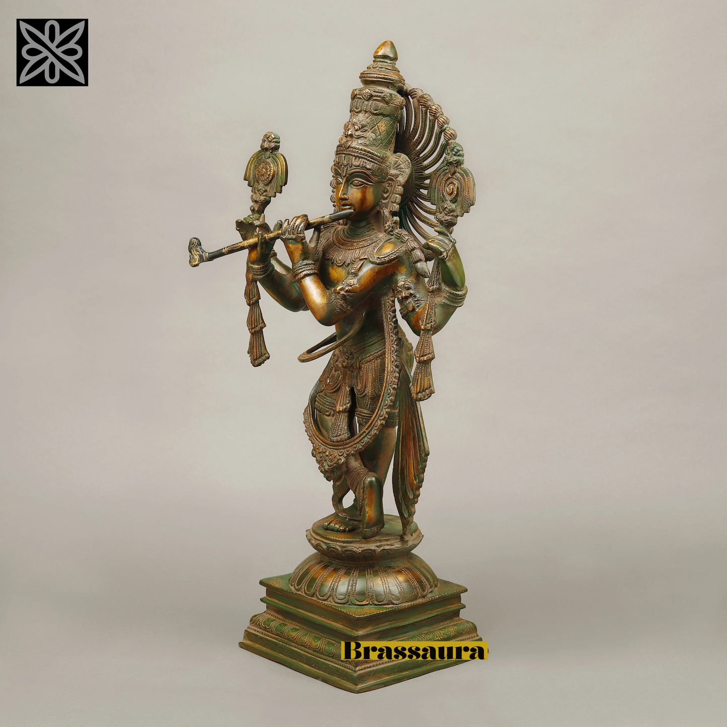 BrassAura™ Brass Krishna Playing Flute – Multi-Color Finish | Height 24 Inch | Weight 13.05 Kg