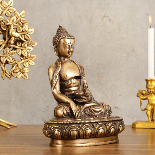 Brassaura™ Pure Brass Buddha Statue in Antique Finish – Height 8 Inches, Weight 2.25 Kgs