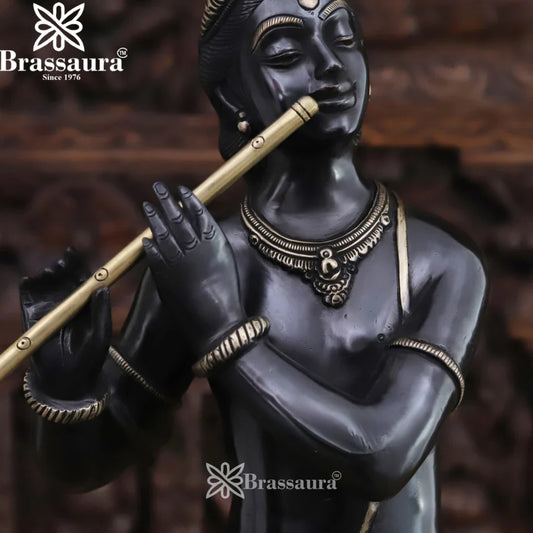 Brassaura® Modern Lord Krishna Playing Flute Idol with Peacock | Pure Superfine Brass Handcrafted Black Patina & Fine Golden Finish Murti | Premium Contemporary Krishna Statue for Home Temple & Luxury Décor | Height 29 Inches | Weight 16.6 Kgs