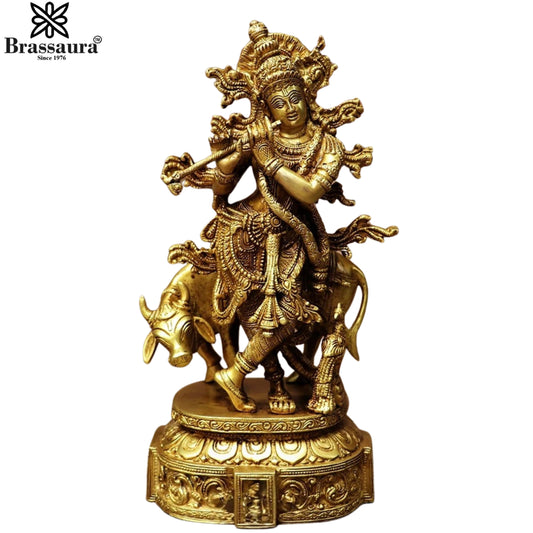 Brass Cow Krishna Murti Weight 4.7 Kg And Height 13 Inch