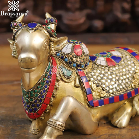Brass Gem Stone Work Nandi Murti Weight 5.16 Kg And Height 8 Inch