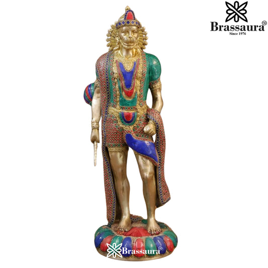 Brassaura™ Brass Hanuman Murti with Gem Stone Work – 23 Inches Height & Weight 13.38 Kgs | Temple & Festive Use