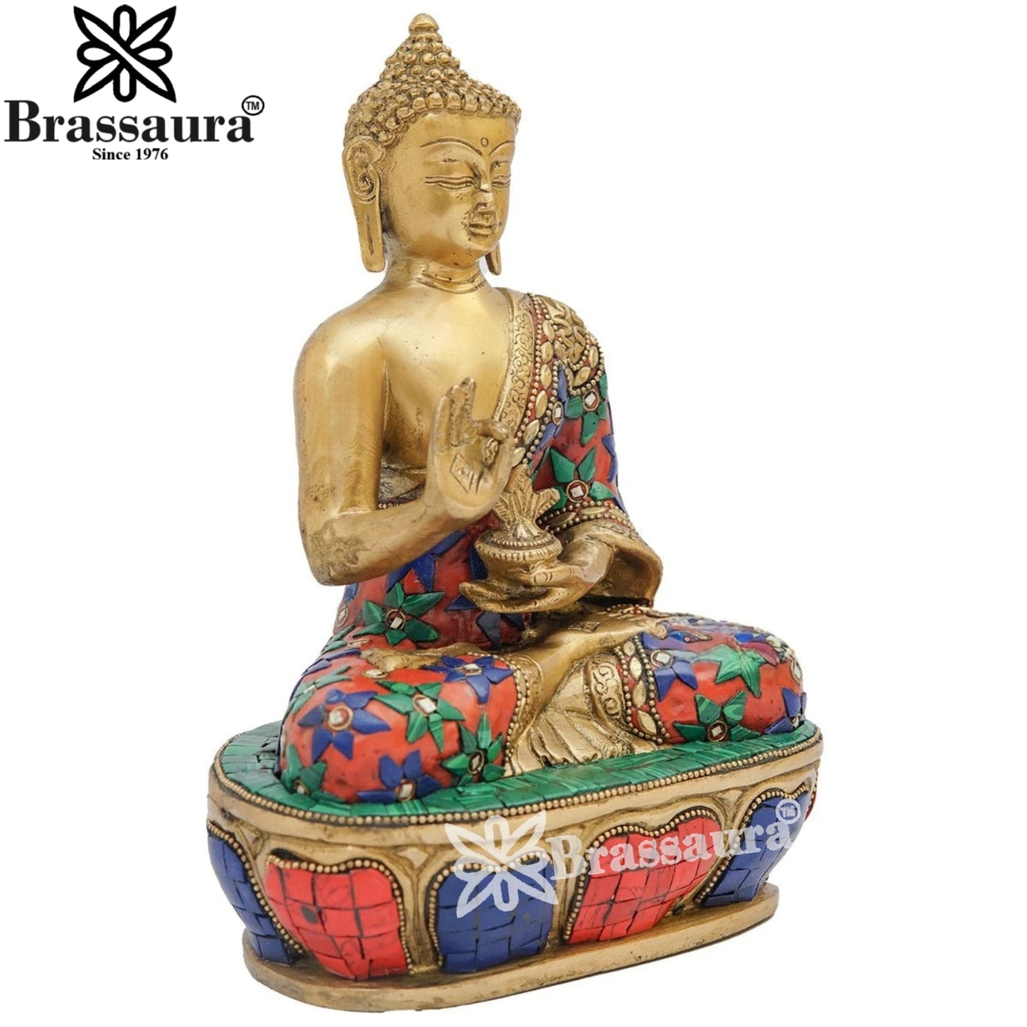 Brass Blessing Gem Stone Work Buddha Weight 3.5 kg & Height 9 Inch