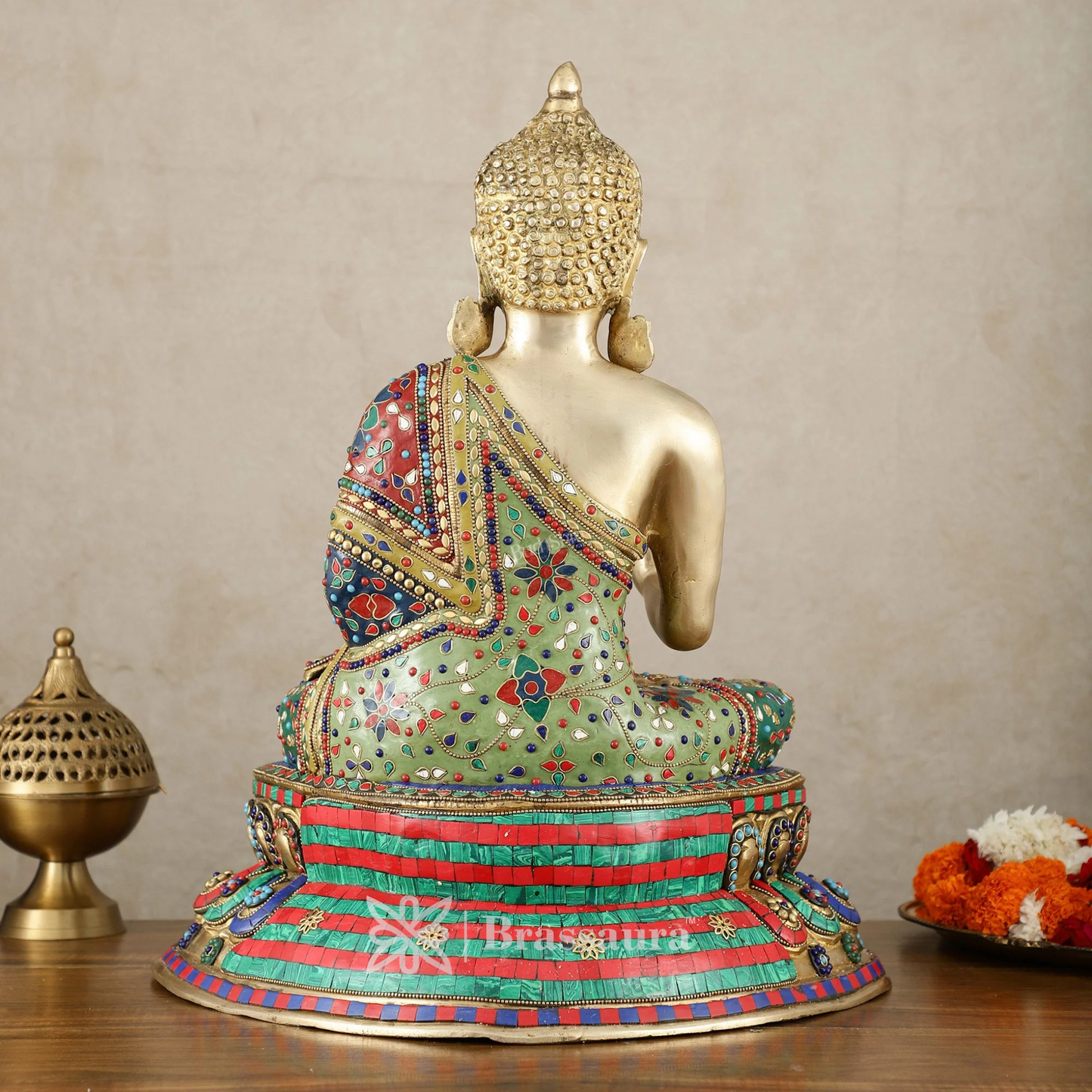 Brassaura™ Pure Brass Blessing Buddha Idol with Mosaic Floral Stonework – Height 20 Inches, Weight 19 Kgs