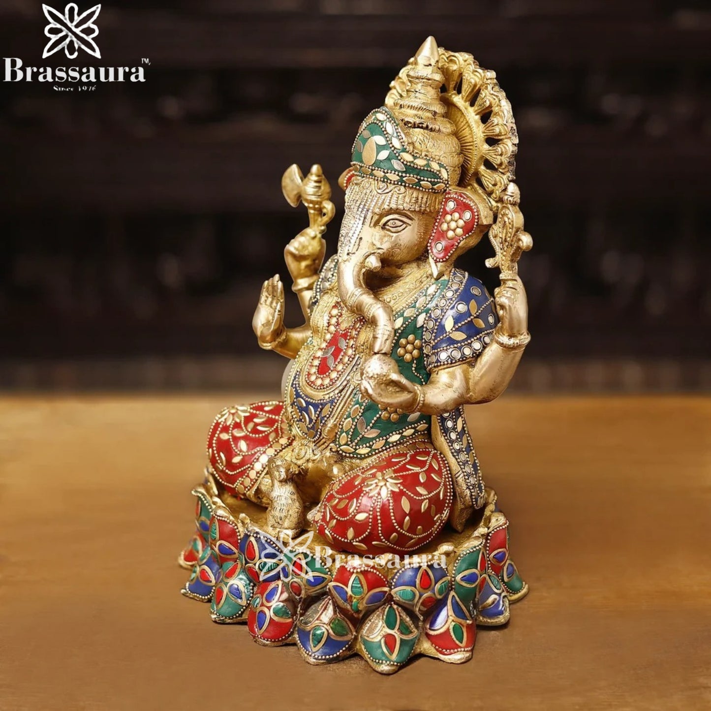 Brass Gem Stone Work Lotus Ganesha Weight 6.4 Kg & Height 12 Inch