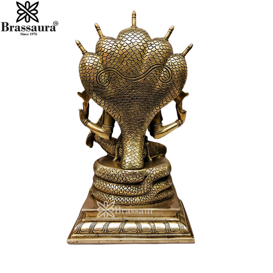 Brassaura® Vishnu Sitting on Sesh Naag Brass Statue | Pure Brass | Height 16 Inches