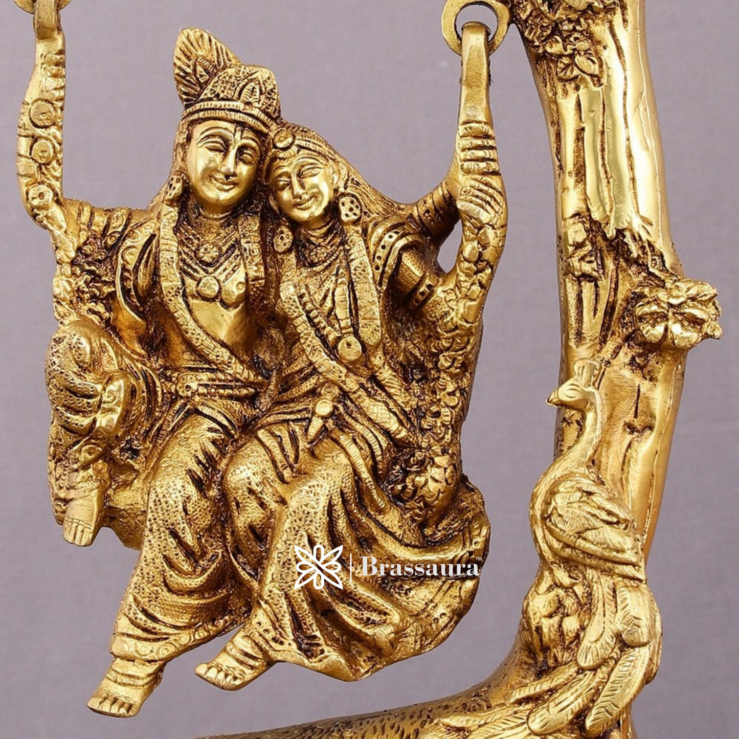 Brassaura™ Pure Brass Radha Krishna Swing – 10.5" Height | 3.10 kg – Divine Tree-Hung Idol for Home Décor