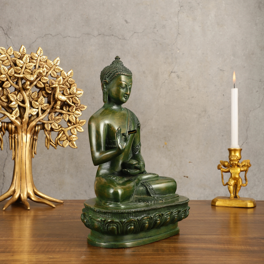 Brassaura® Buddha Sitting in Blessing Mudra with Green Antique Finish | Pure Superfine Brass Handcrafted Murti | Brass Statue for Home Temple, Pooja Room | Height 10.5 Inches | Weight 3.42 Kgs