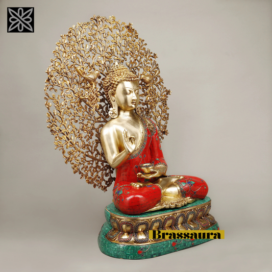 Brassaura™ Brass Buddha Statue under Kalpavriksha Tree – Height 29 Inches | Weight 31.98 Kgs | Meenakari Stonework
