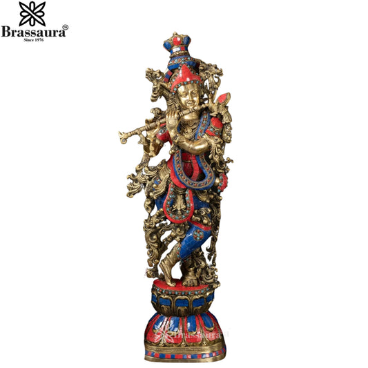 Brass Gem Stone Work Krishna Murti Weight 16.14 Kg And Height 29 Inch