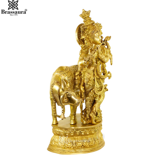 Brassaura® Premium Brass Lord Krishna Playing Flute with Sacred Cow Idol | Handcrafted Golden Brass Krishna Murti for Home Temple, Mandir & Luxury Spiritual Décor | Height 28 Inches | Weight 32 Kg