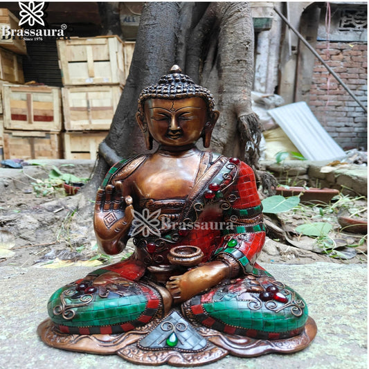 Brass Blessing Gem Stone Work Buddha Weight 5.3 kg & Height 11.5 Inch