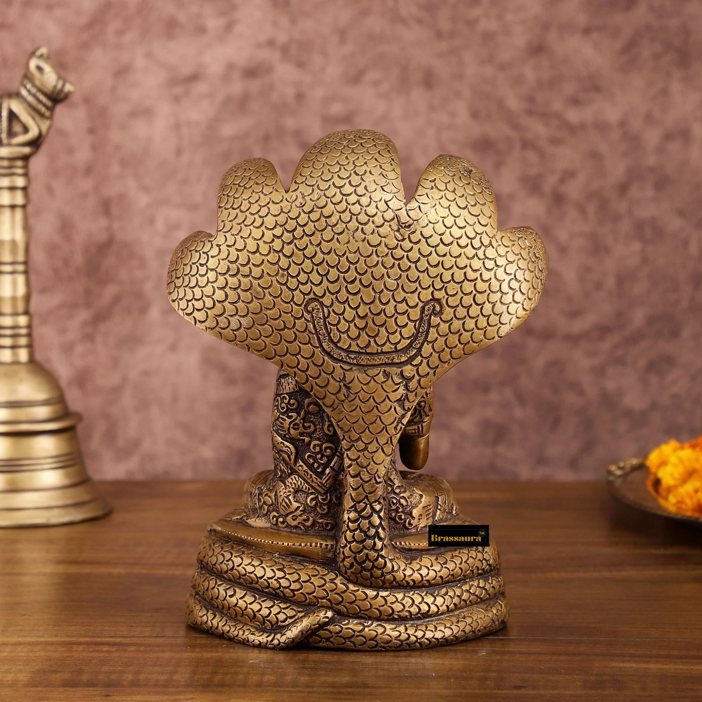 Brassaura™ Pure Brass Blessing Buddha Idol under Serpent Muchalinda – Height 8 Inches, Weight 2.33 Kgs