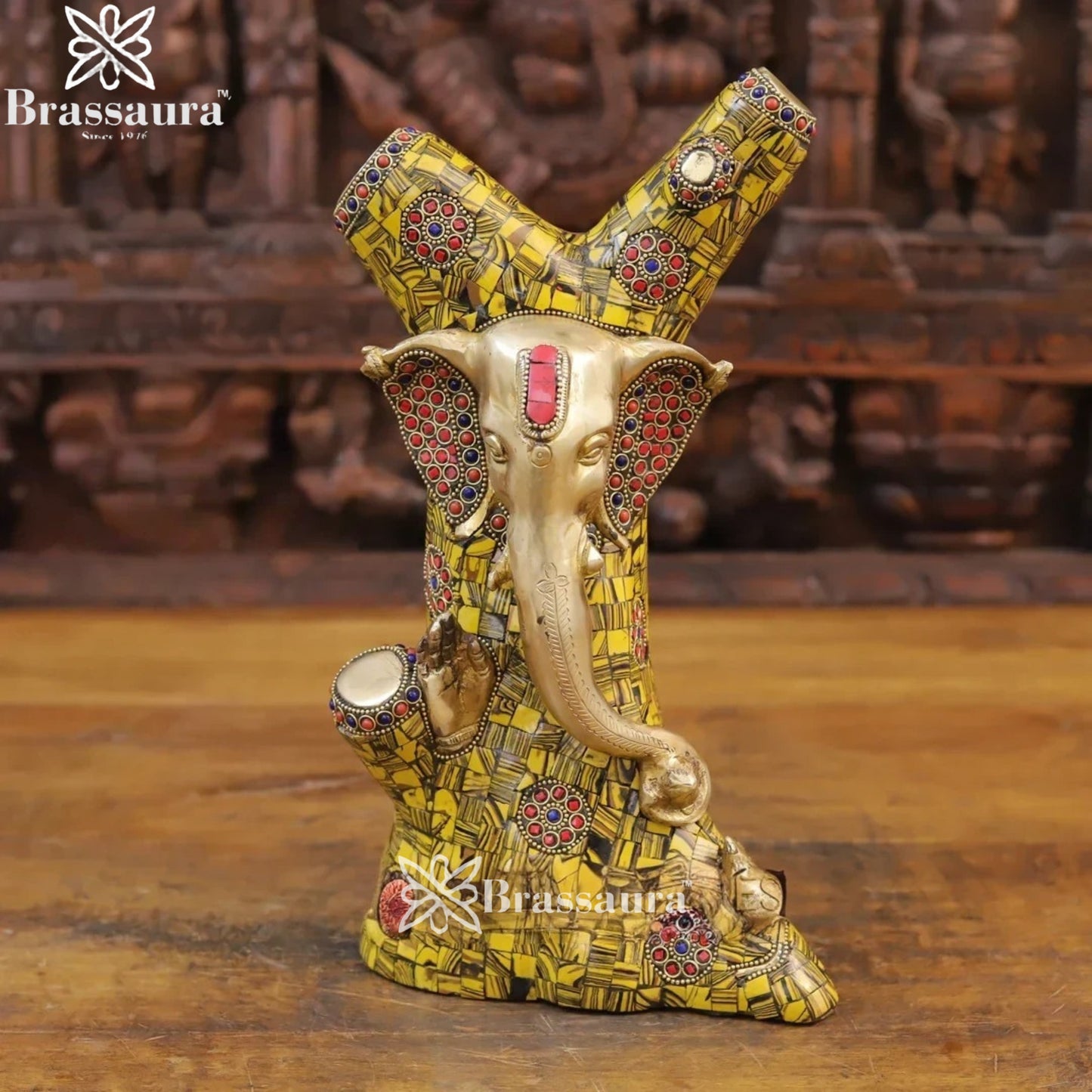 Brass Gem Stone Work Tree Ganesha Weight 5.6 Kg & Height 13 Inch