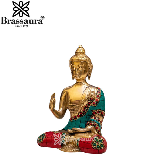 Brass Blessing Gem Stone Work Buddha Weight 1.1 kg & Height 6 Inch