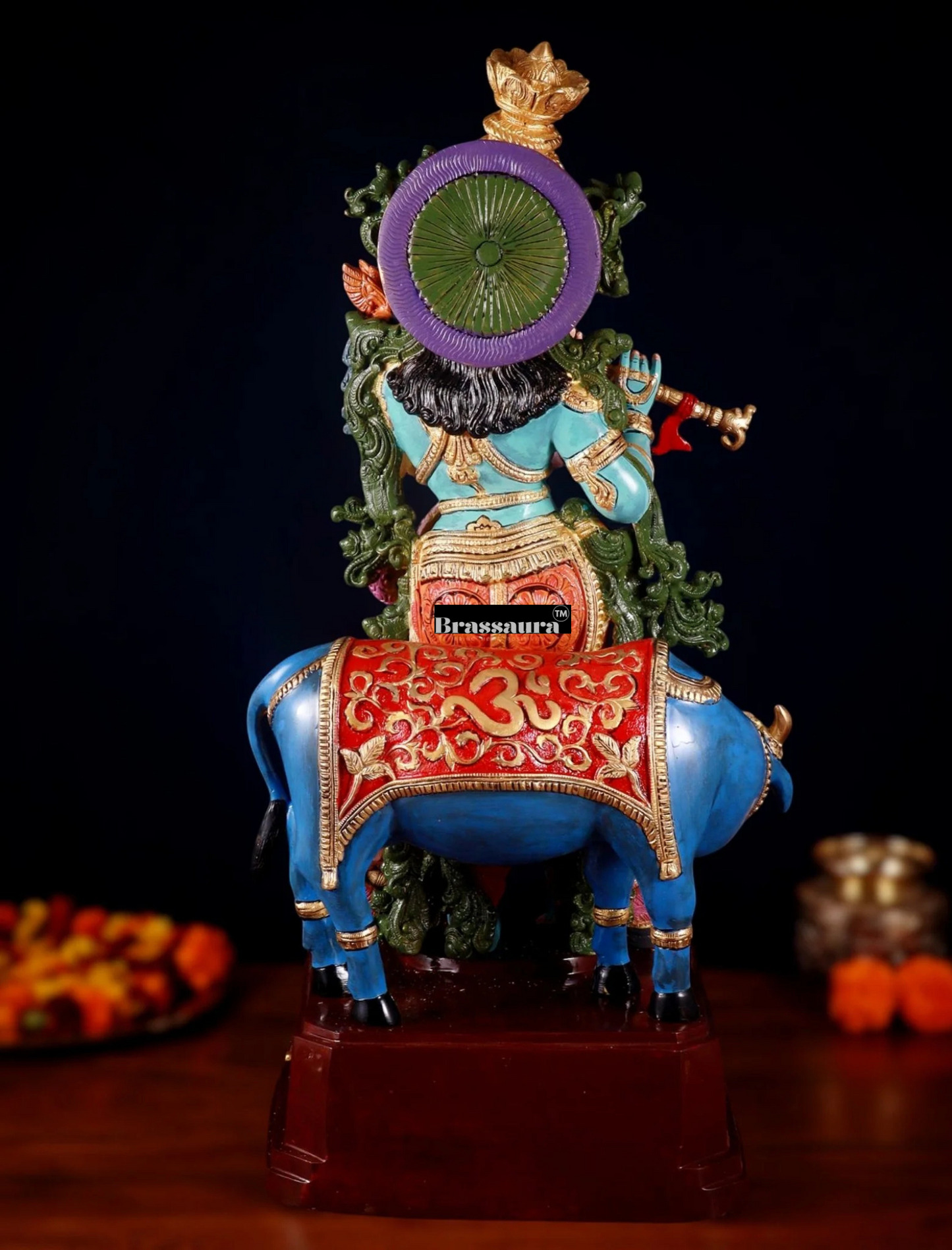 Brassaura™ Pure Brass Hand-Painted Lord Krishna with Cow Statue – Height 29 Inches & Weight 35 Kgs