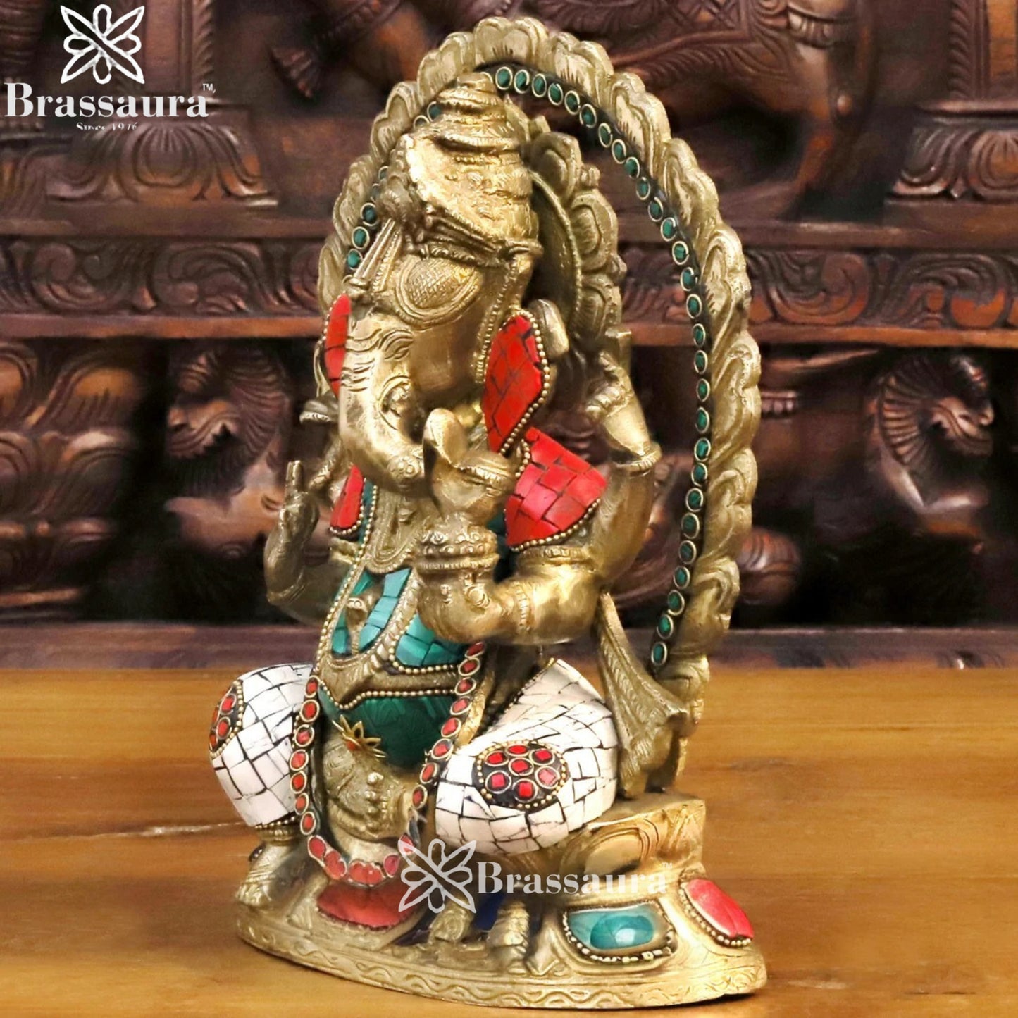Brass Gem Stone Work Ring Ganesha Weight 3.3 Kg & Height 9.5 Inch