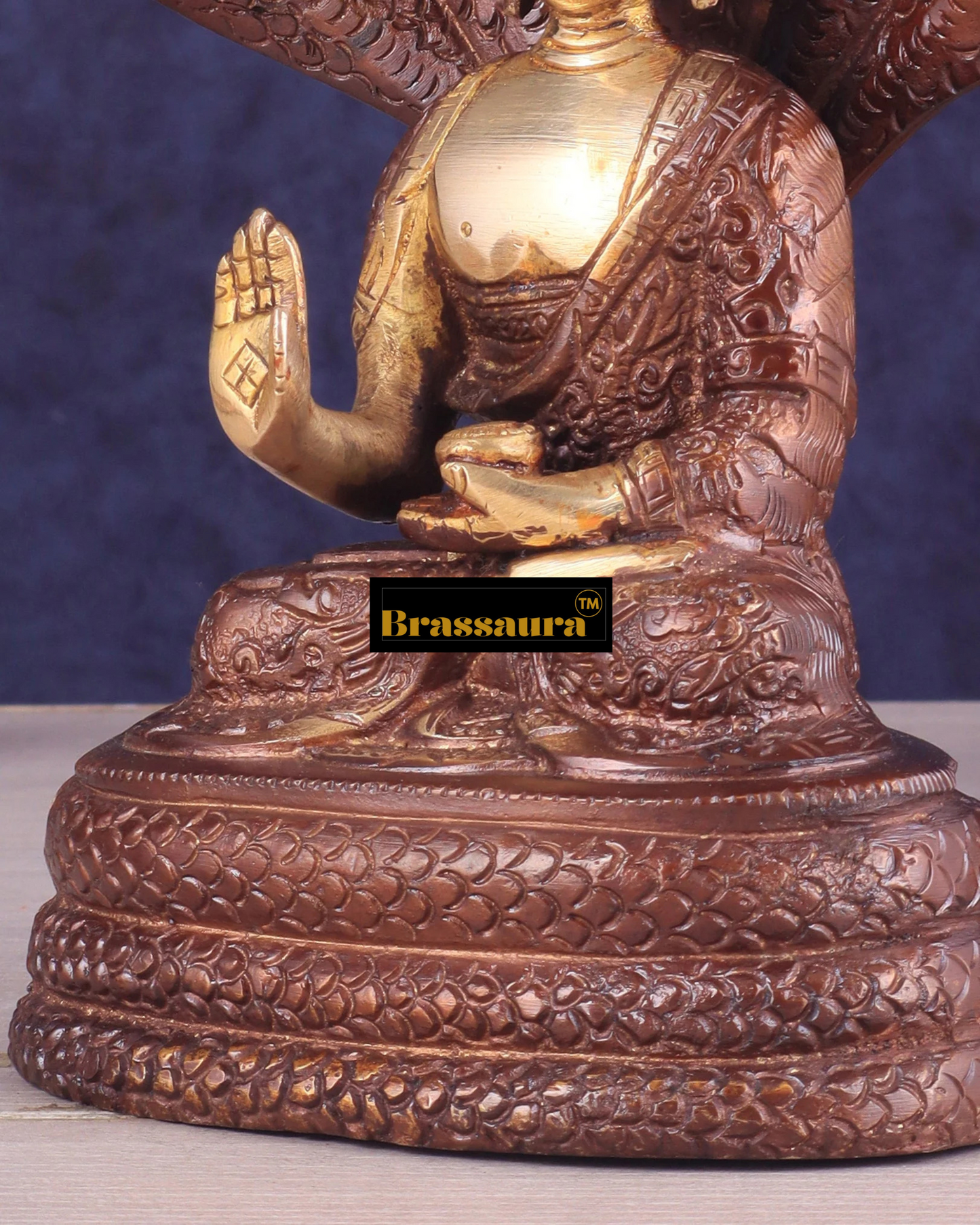 Brassaura™ Pure Brass Blessing Buddha Idol under Serpent Muchalinda – Height 8 Inches, Weight 2.33 Kgs
