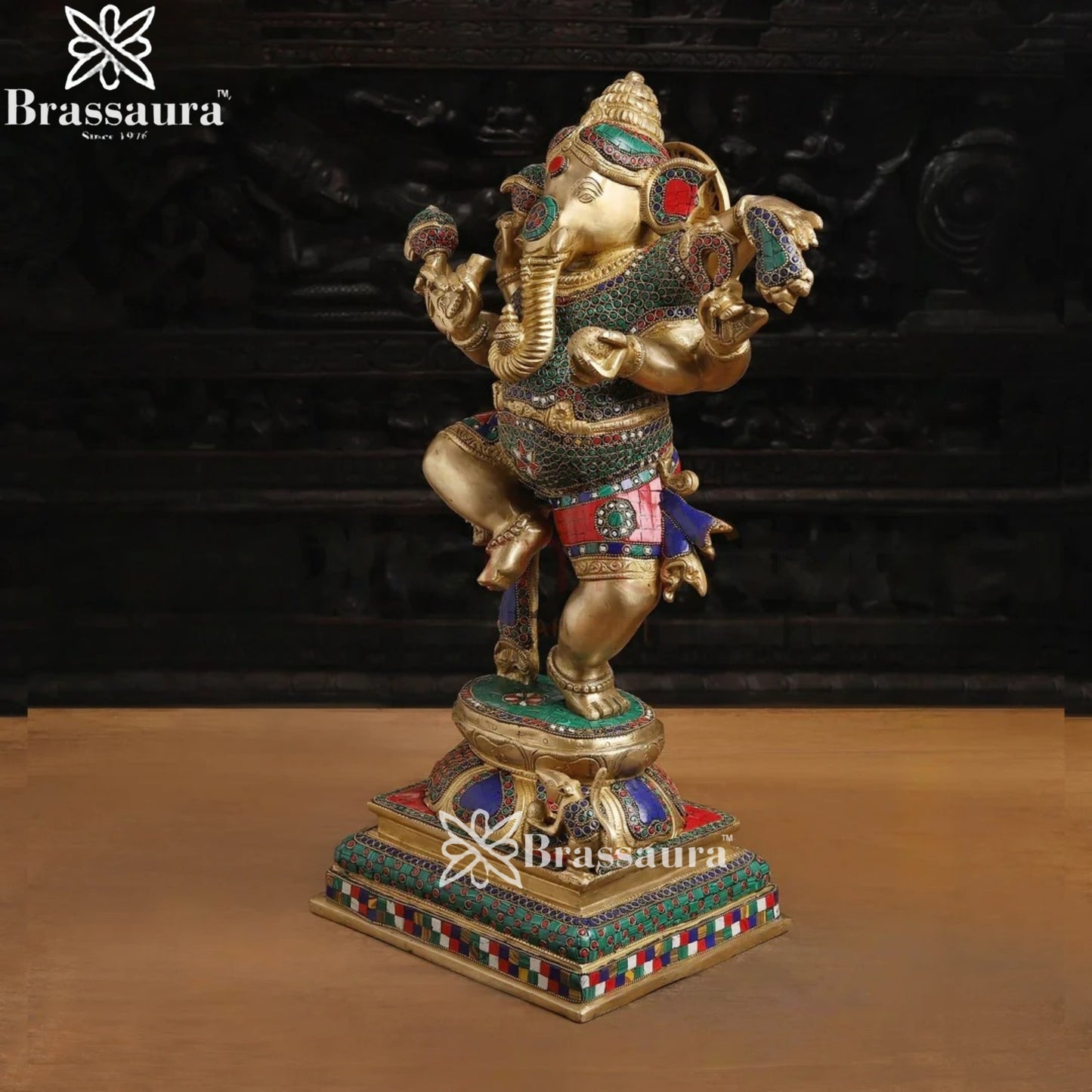 Brass Gem Stone Work Dancing Ganesha Weight 22.9 Kg & Height 24 Inch