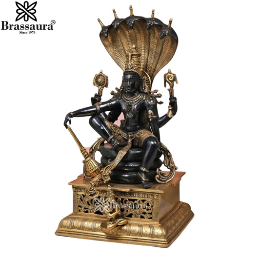 Brassaura® Lord Vishnu Sitting on Sheshnaag Brass Statue | Antique Black & Gold Finish | Height 28 Inches