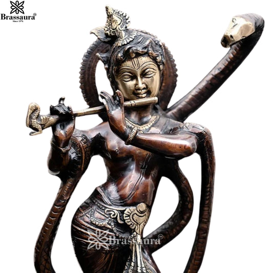 Brassaura® Krishna Playing Flute with Kaliya Idol with Antique Dual Tone Finish | Pure Superfine Brass Handcrafted Murti | Brass Statue for Home Temple, Pooja Room | Height 15 Inches | Weight 5.45 Kgs