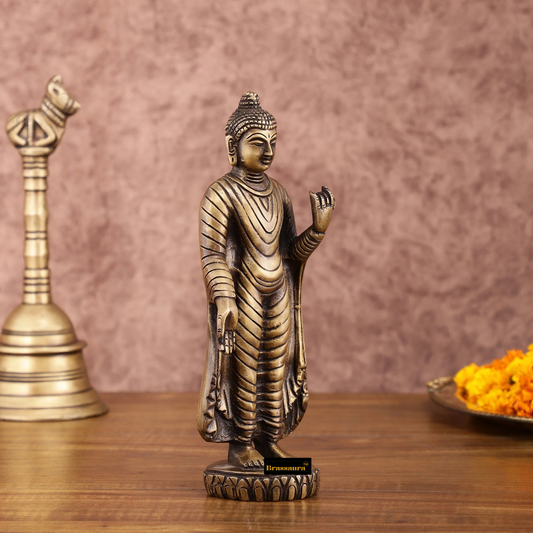 Brassaura™ Pure Brass Standing Buddha Idol – Height 9 Inches, Weight 1.5 Kgs