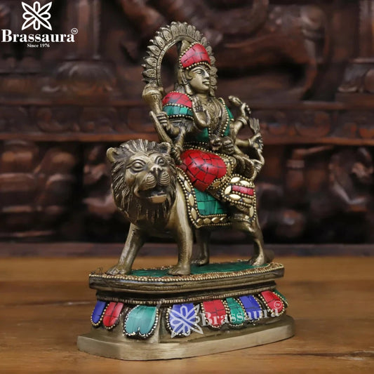 Brass Gem Stone Work Durga Idol for Home Temple and Decor Height 8 Inches & Weight 1.96 kgs