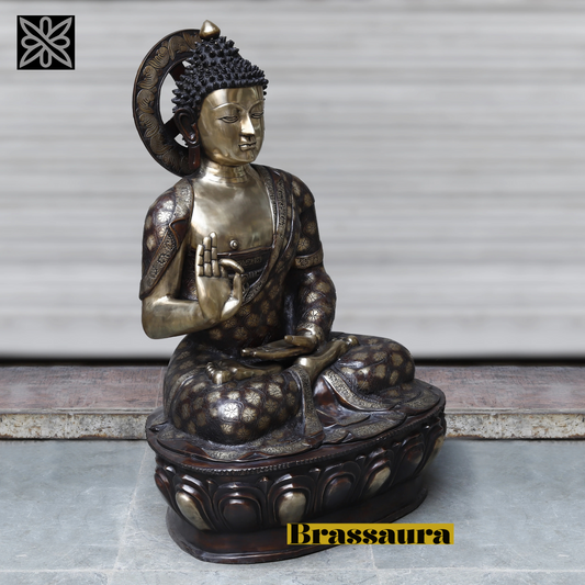 Brassaura™ Large Brass Buddha Statue with Carvings – Height 44 Inches | Weight 92.2 Kgs | Copper & Smooth Finish