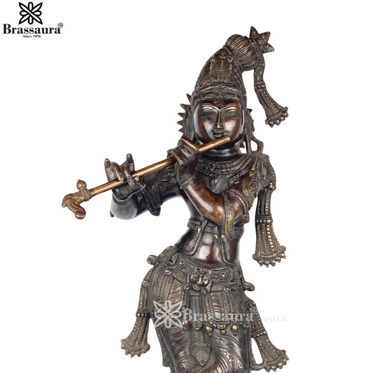 Brassaura® Mukunda Krishna Playing Flute Idol with Antique Brown Finish | Pure Superfine Brass Handcrafted Murti | Brass Statue for Home Temple, Pooja Room | Height 23.5 Inches | Weight 11.0 Kgs