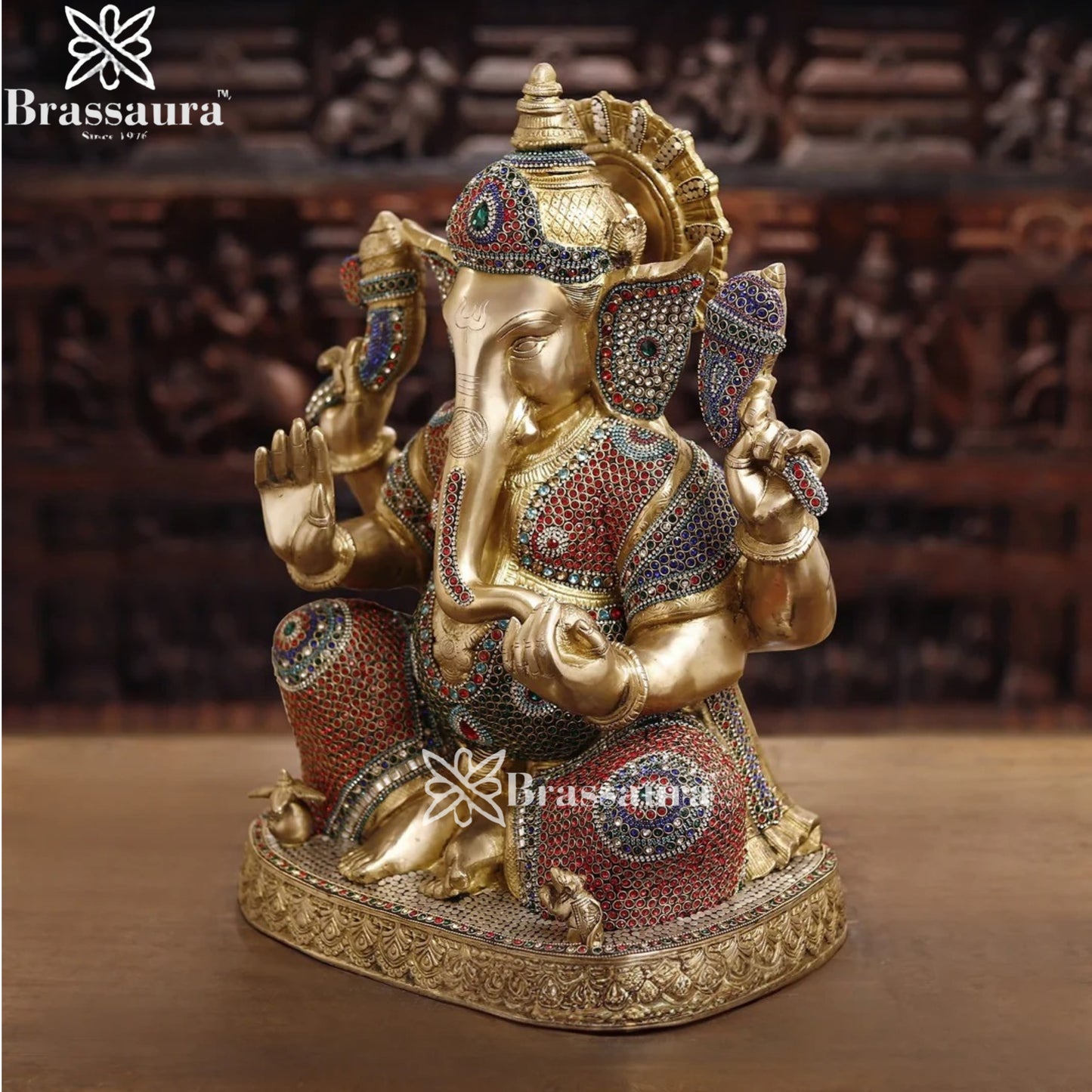 Brass Gem Stone Work Ganesha Weight 26.7 Kg & Height 22 Inch