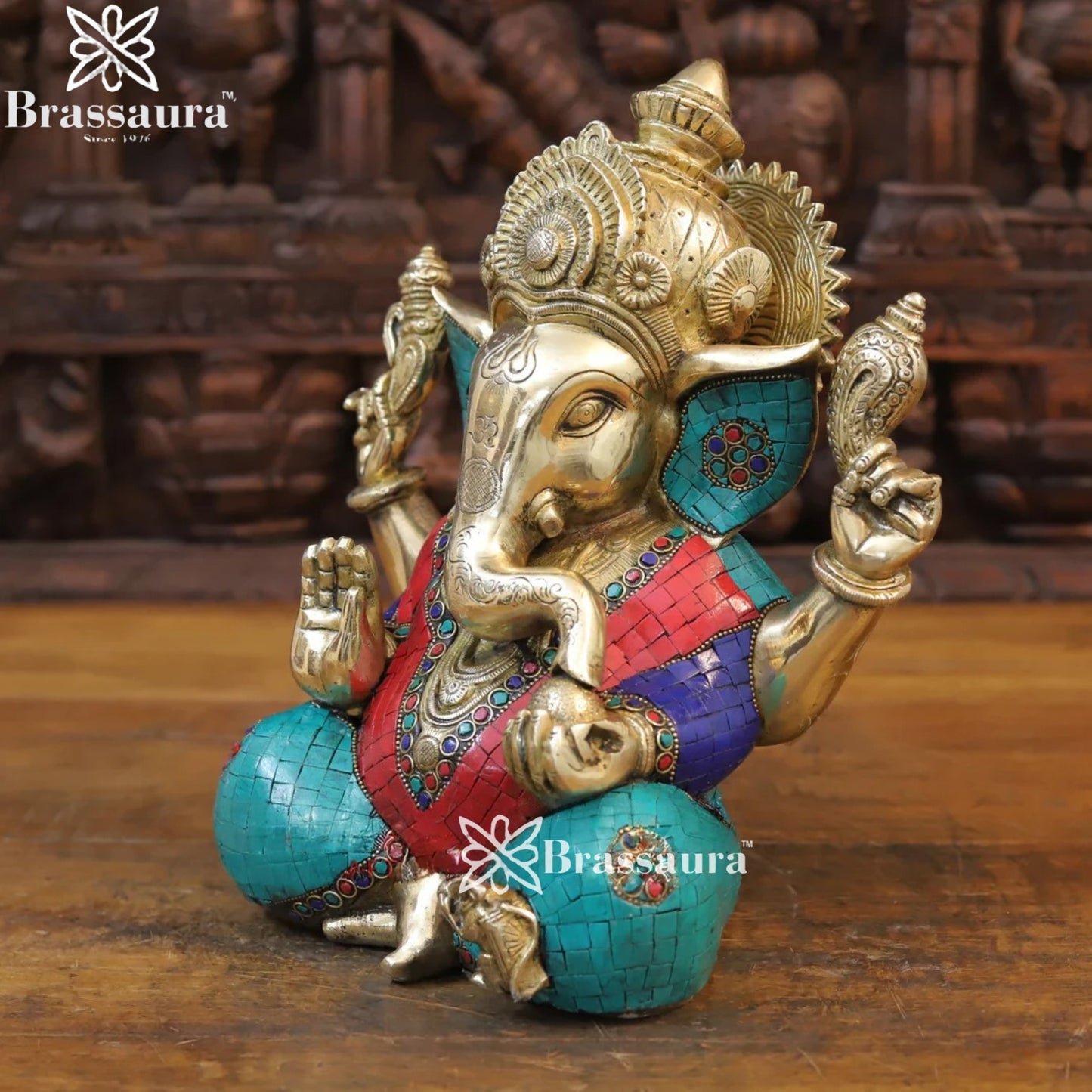 Brass Gem Stone Work Ganesha Weight 9.12 Kg & Height 12 Inch