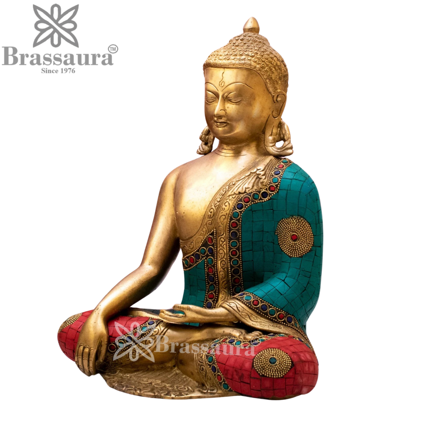 Brass Bhumisprasa Gem Stone Work Buddha Weight 6.5 kg & Height 13 Inch