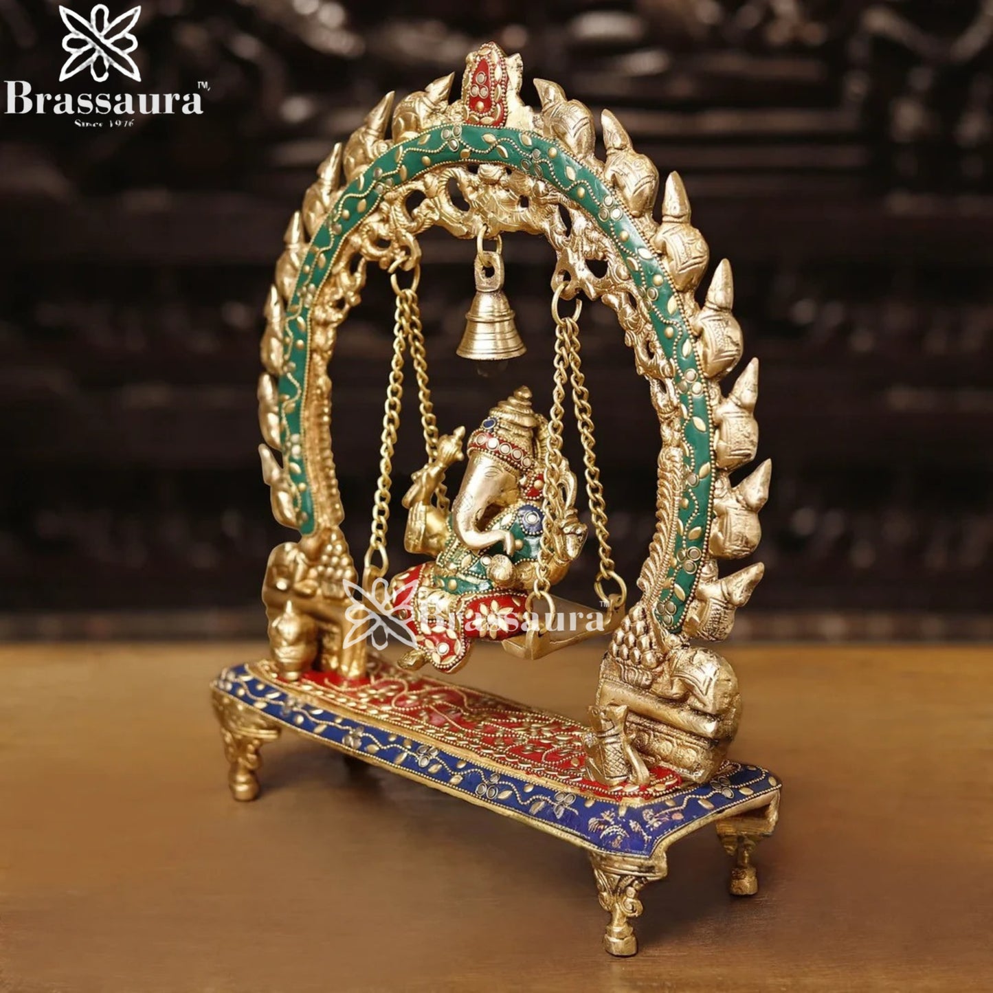 Brass Gem Stone Work Ganesha Jhula Weight 5.3 Kg & Height 15 Inch