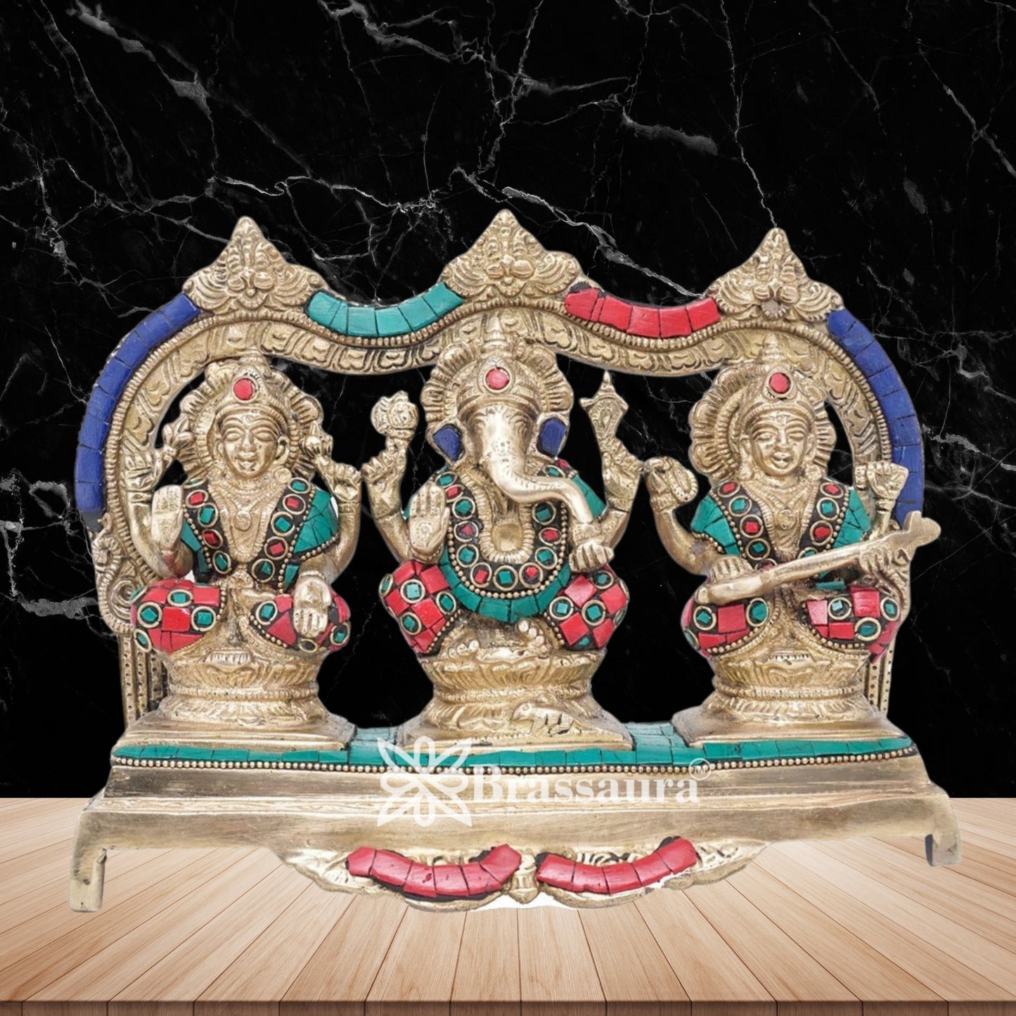 Brassaura™ Artistic Brass Gemstone Laxmi Ganesha Saraswati Statue – Height 7 Inches & Weight 3.8 Kgs | Puja Room Idol