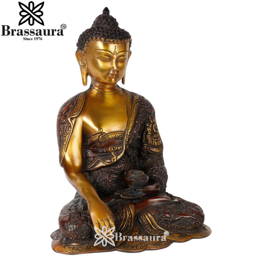 Brassaura® Buddha Bhumisparsha Mudra Sitting Idol with Antique Black & Gold Finish | Pure Superfine Brass Handcrafted Murti | Brass Statue for Home Temple, Pooja Room | Height 11 Inches | Weight 5 Kgs