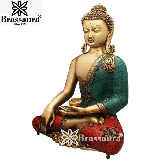 Brassaura® Gem Stone Work Buddha Idol for Home & Décor | Pure Superfine Brass Handcrafted Murti, Brass Statue for Home Temple, Pooja Room | Height 20 Inches | Weight 17.3 Kg